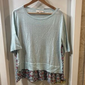 LOFT Light Blue Blouse with Red Floral Hem